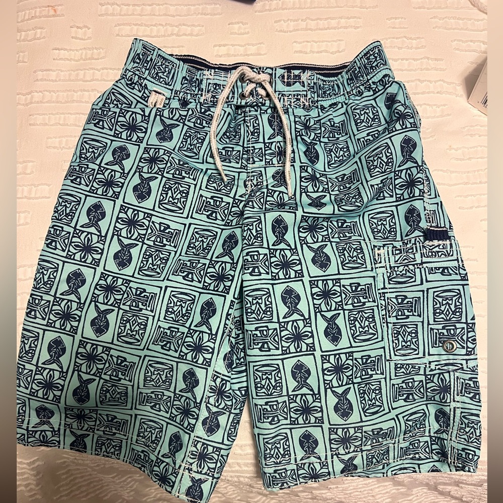 Land’s End Kid’s Aqua Tile Print Swim Trunks in Excellent Condition Size 5/6